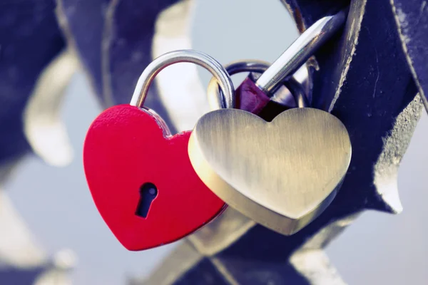Two locks in the shape of a heart hanging. — Stock Photo, Image