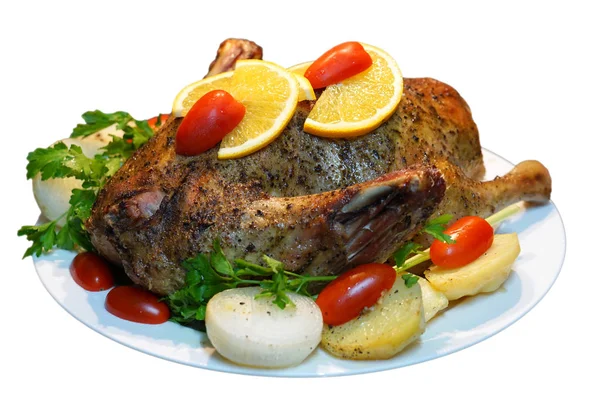 Noel kızarmış ördek beyaz izole patates ile