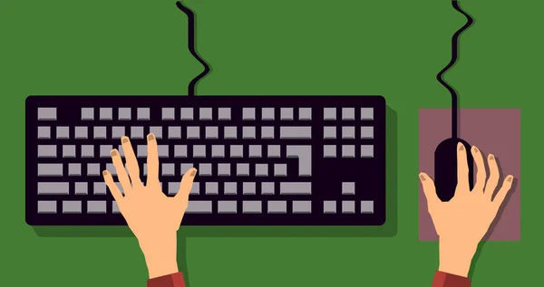 Vlakke toetsenbord en muis. hand typen — Stockvector