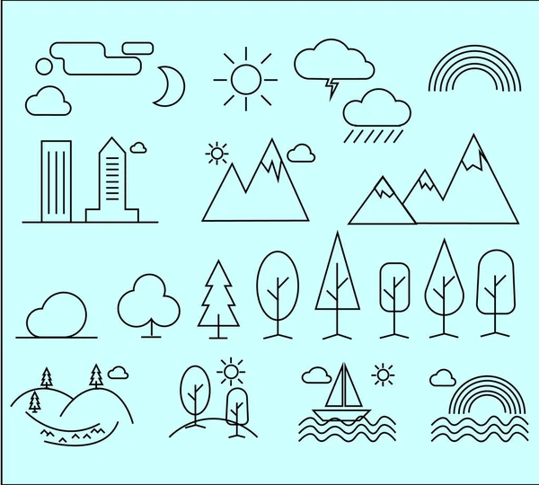 Iconos de paisaje, estilo de línea delgada, diseño plano — Vector de stock