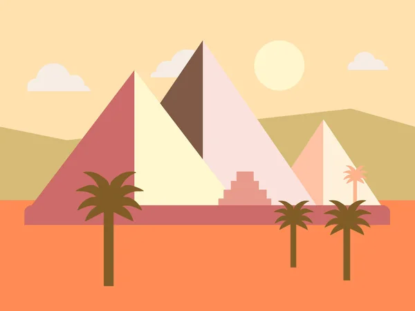 Desert Egypte Pyramides Coucher de soleil Vecteur plat Illustration — Image vectorielle