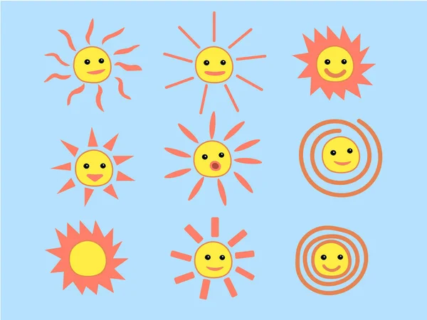 Sada letní slunce tváře s šťastný úsměv — Stockový vektor