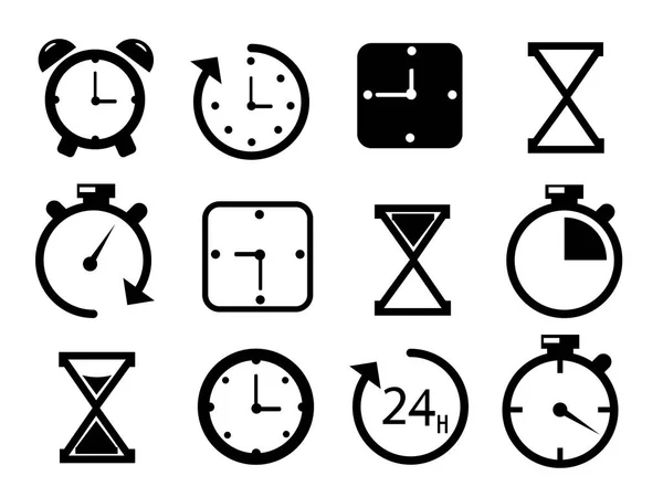 Ώρα και Ρολόι εικονίδια σε λευκό φόντο — Διανυσματικό Αρχείο