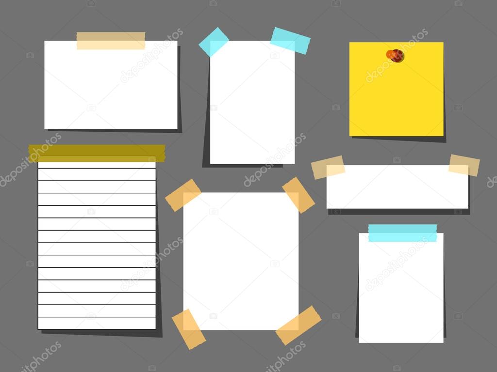 White paper sheets with scotch tape set. Sheet page for reminder message.Vector illustration
