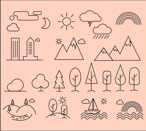 Conjunto de ícones lineares de elementos da paisagem da cidade . —  Vetores de Stock
