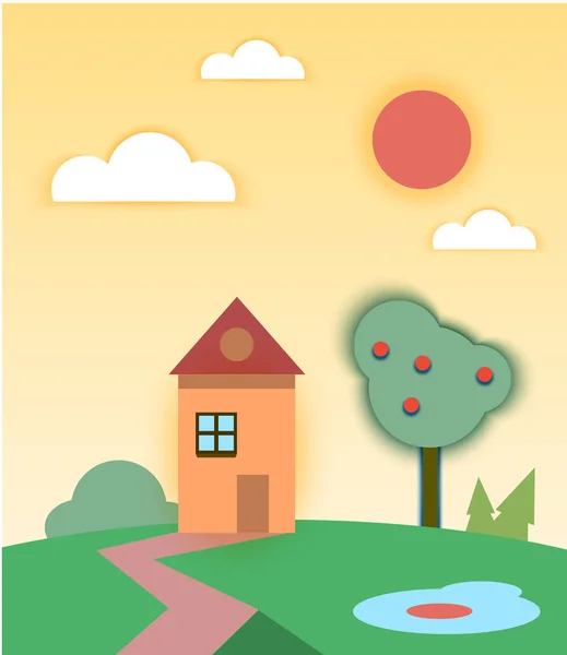 Paisaje rural de verano con casa y árbol — Vector de stock