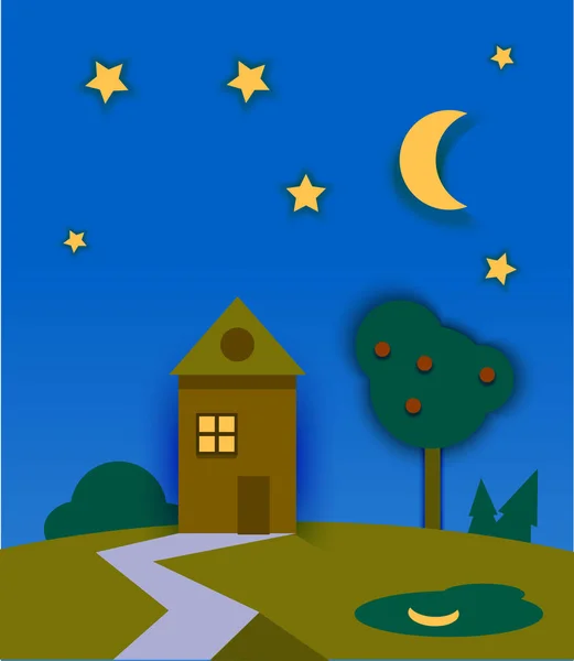 Νυχτερινό τοπίο με σπίτι, φεγγάρι και αστέρια. — Διανυσματικό Αρχείο