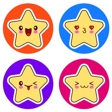Farklı daire üzerinde sevimli Kawaii yıldız seti.