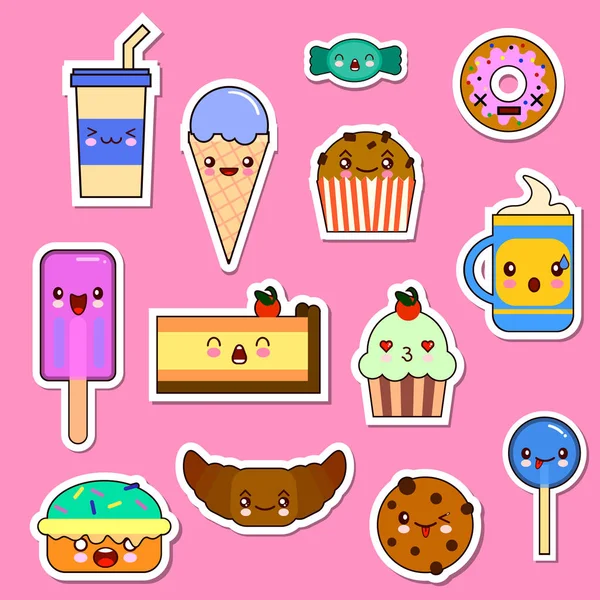 Conjunto vetorial de personagens de comida Kawaii. doces e doces emoticon adesivos — Vetor de Stock