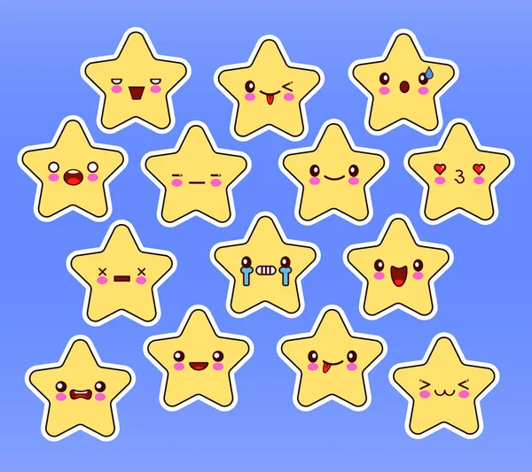 Conjunto de estrellas Kawaii, cara con ojos, color amarillo sobre fondo azul . — Archivo Imágenes Vectoriales