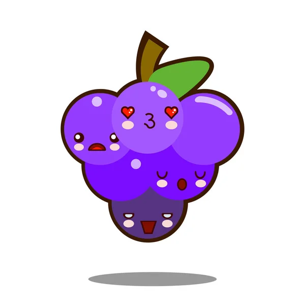 Uvas fruta dibujo animado carácter icono kawaii Diseño plano Vector — Vector de stock