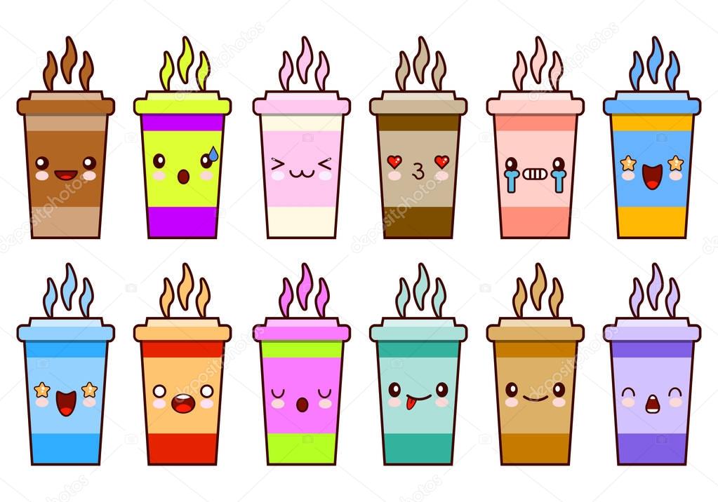 Coffee Cups icon set characters kawaii face emoticons Flat design Vector