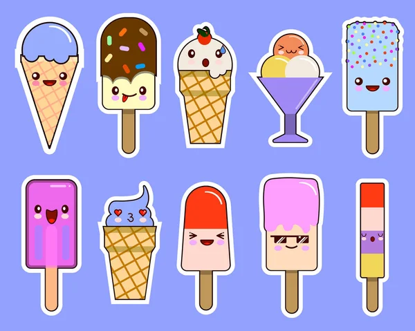Emoticons de sorvete Kawaii definidos. Personagens de desenhos animados bonitos. Isolado em azul. Concepção plana Vector — Vetor de Stock