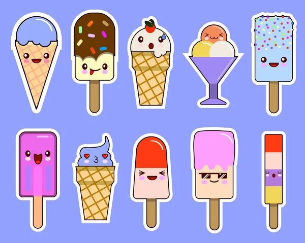 Kawaii Eis Emoticons Set. Nette Zeichentrickfiguren. isoliert auf blau. flacher Designvektor — Stockvektor