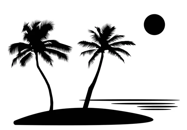 Isla tropical con palmeras y flores, sol. siluetas negras y contornos sobre fondo blanco. Diseño plano Vector — Vector de stock