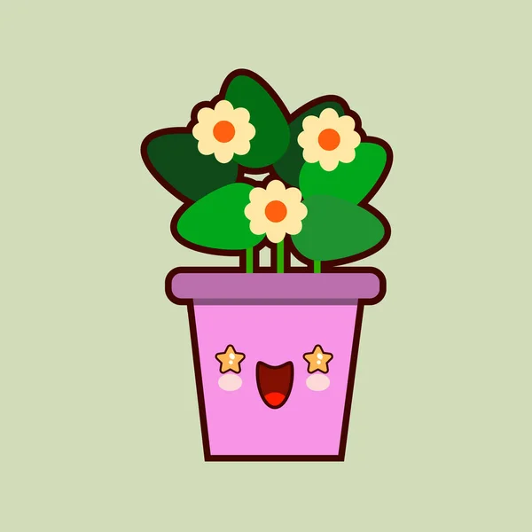 냄비와이 식물 캐릭터에 재미 있는 얼굴에 있는 귀여운 만화 꽃 아이콘입니다. 평면 디자인 벡터 — 스톡 벡터