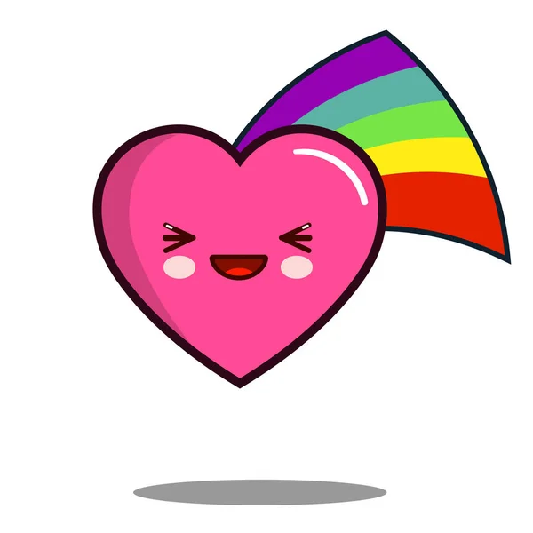 Coração desenho animado personagem ícone kawaii com arco-íris projeto plano Vector —  Vetores de Stock