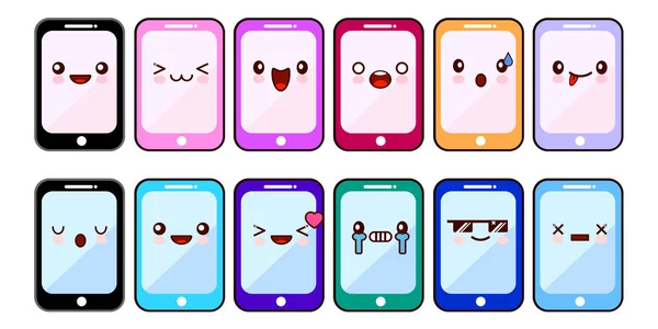 Personagens de desenhos animados Smartphone caras engraçadas. Conjunto de telemóveis Kawaii alegres. Aplicativos online. Concepção plana Vector —  Vetores de Stock