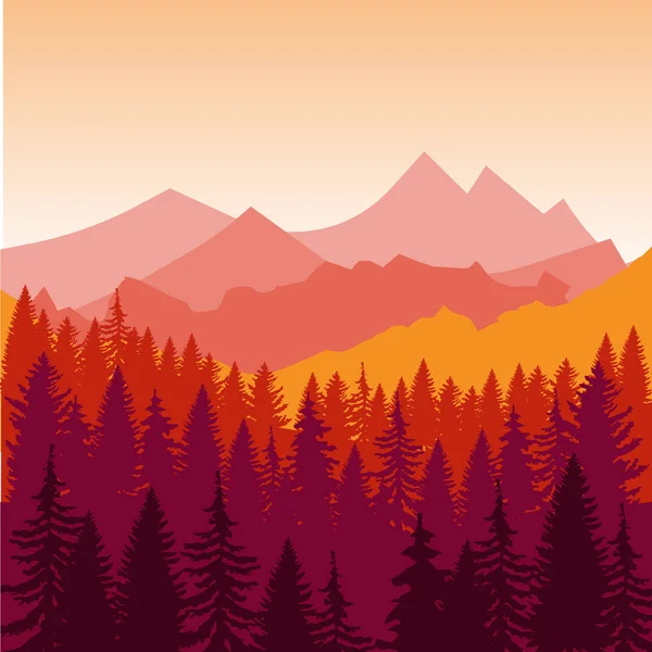 Panorama de montañas y paisaje de silueta forestal al atardecer. Diseño plano Vector — Vector de stock