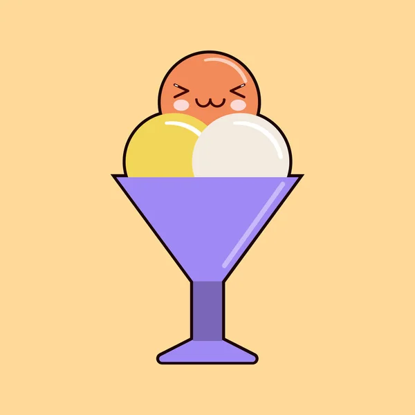 Παγωτό kawaii χαρακτήρα κινουμένων σχεδίων γλυκιά φατσούλα χαριτωμένο πρόσωπο εικονίδιο. Επίπεδη σχεδίαση διανυσματικών — Διανυσματικό Αρχείο