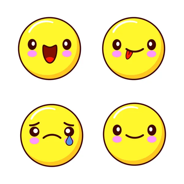 Conjunto de ícones de rosto sorridente ou emoticons amarelos com diferentes expressões faciais i isolado em fundo branco. Concepção plana Vector —  Vetores de Stock