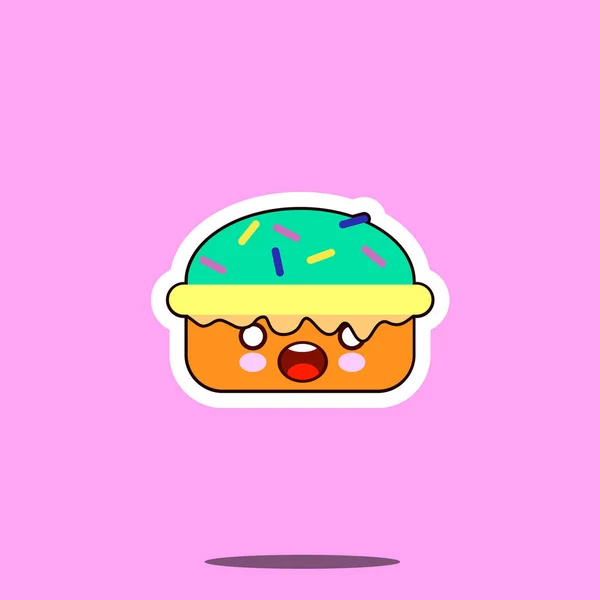 Gâteau macaron sourire dessin animé visage nourriture kawaii. Conception plate Vector — Image vectorielle