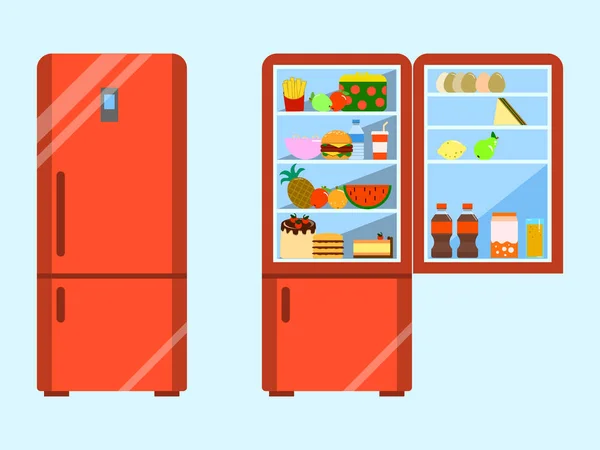 Lleno de comida abierta y cerrar refrigerador. Nevera y fruta, congelador y verdura. Diseño plano Vector — Vector de stock