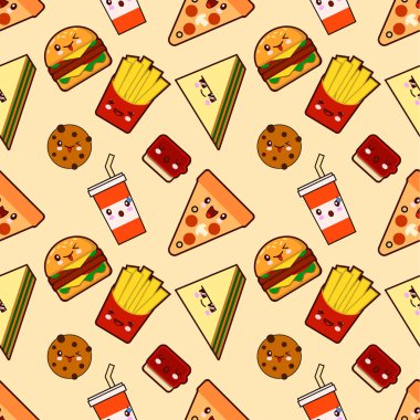 İnsan yüzü gülen ile seamless modeli komik, sevimli fast food kawaii. Düz tasarım vektör