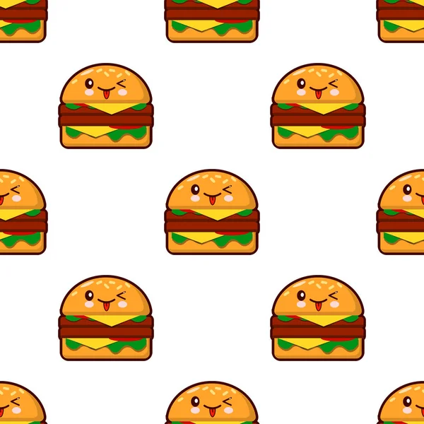 Modello senza soluzione di continuità con hamburger kawaii su sfondo bianco Design piatto Vector Illustrazione — Vettoriale Stock