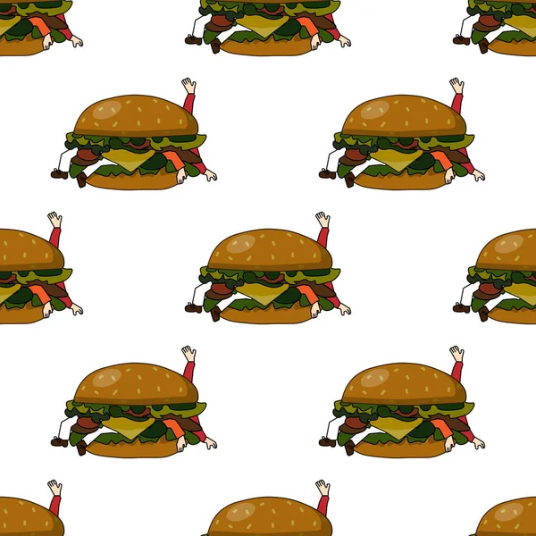 흰색 바탕에 건강에 해로운 음식과 햄버거와 함께 원활한 벡터 패턴입니다. 나쁜 햄버거 먹는 사람. 평면 디자인 벡터 — 스톡 벡터