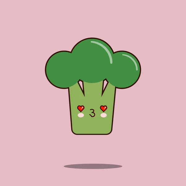 Schattig plantaardige cartoon karakter Broccoli pictogram kawaii Smiling face. Plat ontwerp vectorillustratie — Stockvector