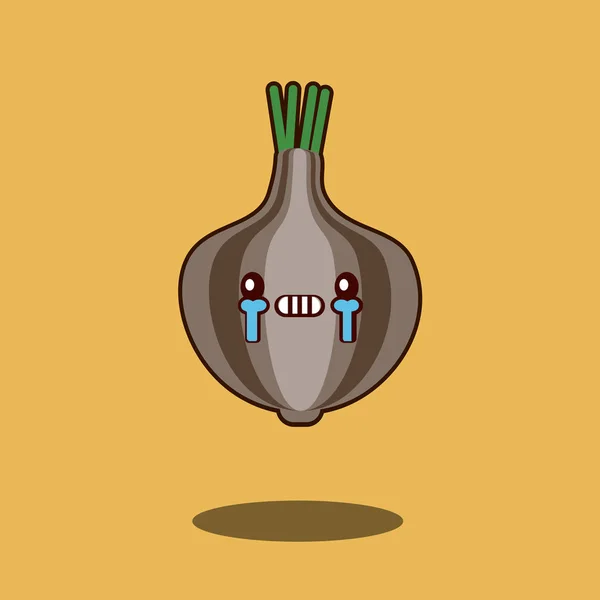 Üzgün ağlayan soğan tatlı sebze charactericon kawaii düz tasarım vektör çizim karikatür — Stok Vektör
