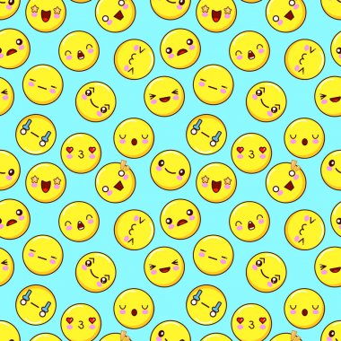 Tatlı gülen yüz Dikişsiz desen arka plan. emoji emoticons. Düz tasarım vektör