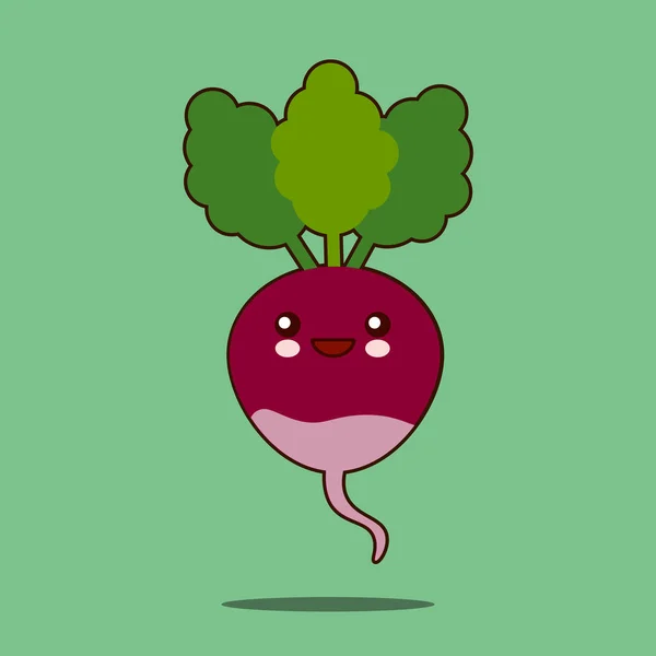 Söta grönsaker seriefiguren betor med lämnar ikonen kawaii leende ansikte. Platt design vektorillustration — Stock vektor