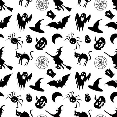 Beyaz bir arka plan üzerinde Halloween seamless modeli. Siyah simgeler kafatası, örümcek, web, pumpkins, kazan. Düz tasarım vektör
