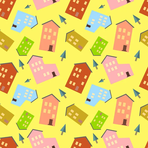 Seamless pattern with houses and tree on yellow background.Flat design Vector Illustration — Stock Vector