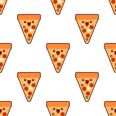 Pizza ile Seamless Modeli şirin lokanta kawaii karakterler beyaz arka plan üzerinde yamalar. Düz tasarım vektör