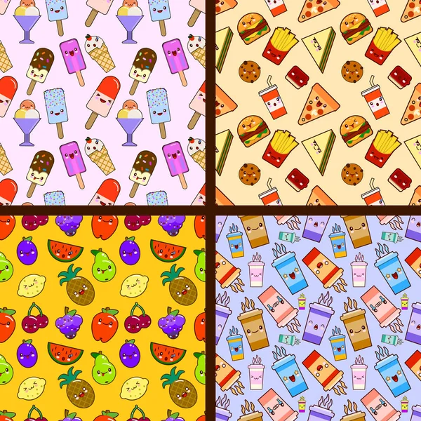 Set of food seamless patterns kawaii characters. Flat design Vector — Stock Vector