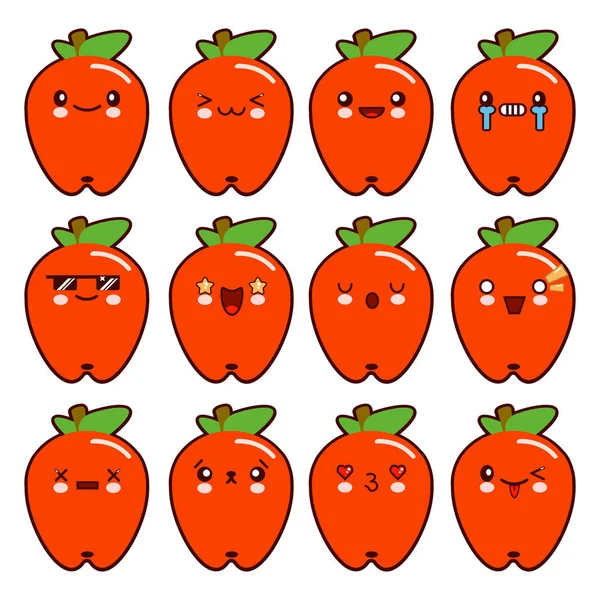 Apple karakter komik karikatür kawaii yüzünde farklı duygular ile ayarla. Düz tasarlamak vektör çizim — Stok Vektör