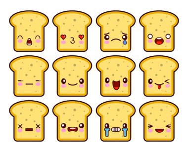 Dilim tost çizgi film maskot karakter komik karikatür kawaii yüzünde farklı duygular ile ekmek. Düz tasarım vektör