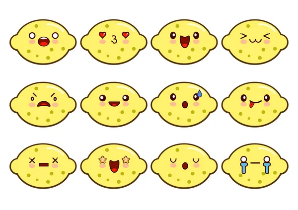 Zitronenfigur lustige Zeichentrickserie mit unterschiedlichen Emotionen auf dem Kawaii-Gesicht. flacher Designvektor — Stockvektor