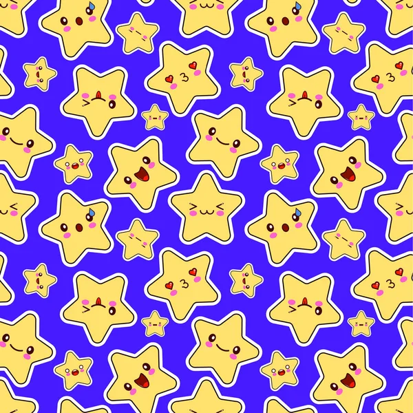 Seamless pattern with smiley kawaii stars characters. funny face Flat design Vector — Stock Vector