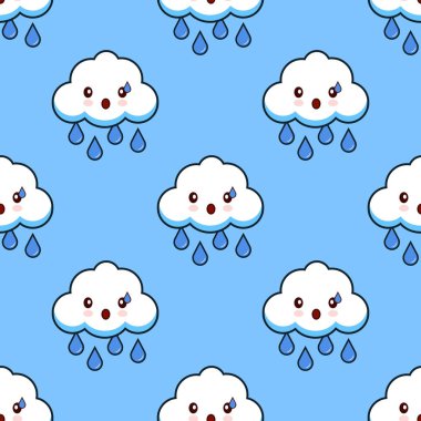 Dikişsiz desen bulut yağmurlu şirin kawaii karakter karikatür. Düz tasarım vektör