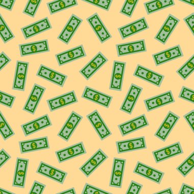 Seamless modeli ile Amerikan para dolar banka notları Sarı zemin üzerine. Dolarlık banknot. Düz tasarım vektör