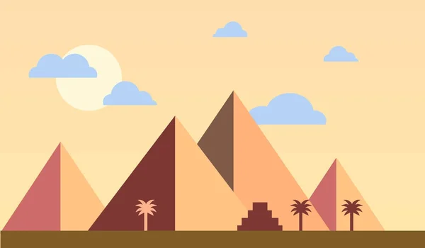 Piramidi d'Egitto con palme in disegno piatto deserto. Concetto di viaggio famoso tramonto vettoriale Illustrazione . — Vettoriale Stock