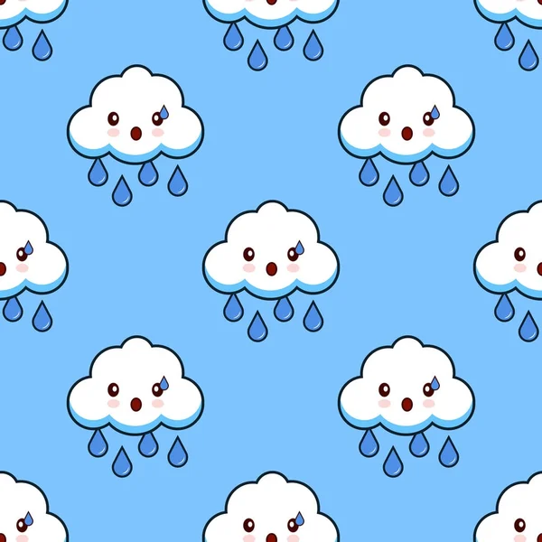 Dibujos animados patrón sin costuras nube lluvia lindo personaje kawaii. Diseño plano Vector — Vector de stock