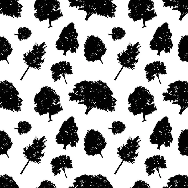 Padrão de vetor sem costura silhuetas pretas árvores de estilo. Árvores ramos delicados, fundo preto e branco. Concepção plana Vector — Vetor de Stock
