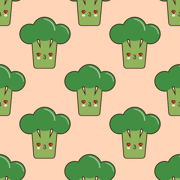 Vector sömlösa mönster med söta tecknade broccoli på rosa bakgrund. Vector vegetabiliska uttryckssymbol. Vector broccoli med smileyn. Vektor — Stock vektor