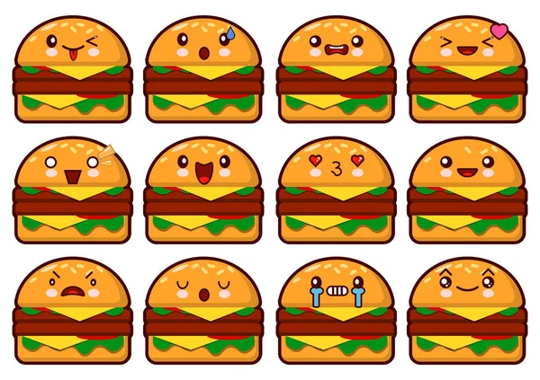 Cara de hambúrguer Emoticon sobre um fundo branco. Coleção de emoções diferentes. Ilustração vetorial do Emoticon . — Vetor de Stock