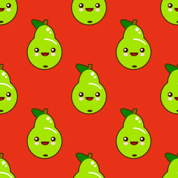 Schattig naadloze patroon met smiley groene peren in cartoon stijl. Leuke en grappige textuur voor kinderen. Platte ontwerp Vector — Stockvector
